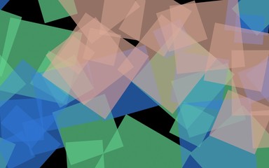 Multicolored translucent squares on dark background. Green tones. 3D illustration