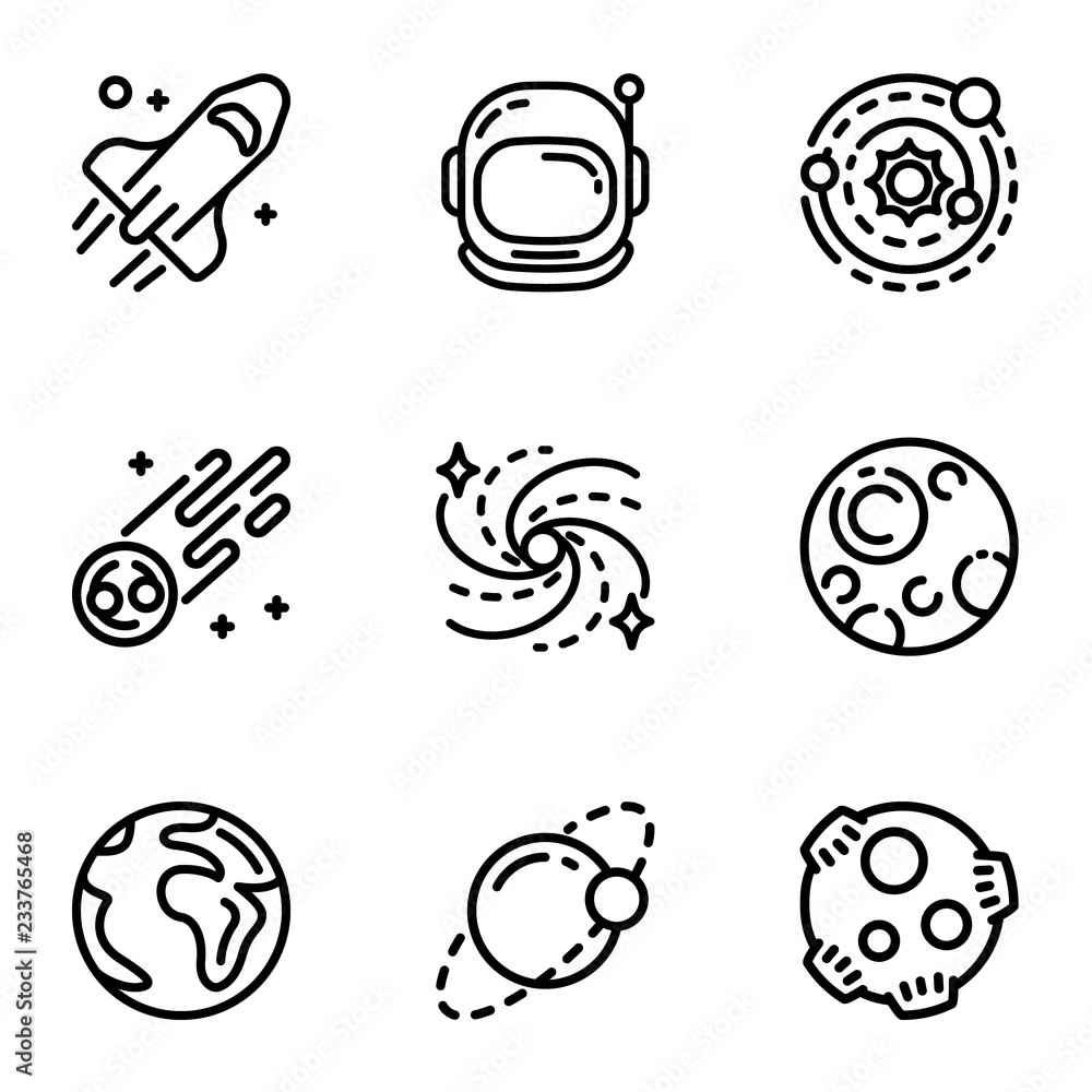 Poster space galaxy icon set. outline set of 9 space galaxy vector icons for web design isolated on white b