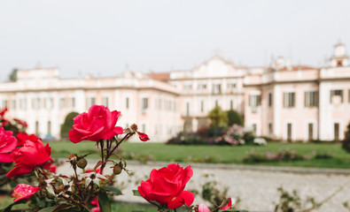 Varese OCT 2018 ITALY - flowers against the Estense Palace, or Palazzo Estense.