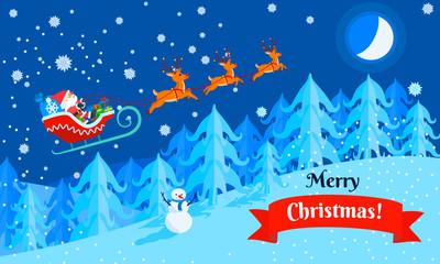 Fototapeta na wymiar Merry Christmas santa sleigh concept banner. Flat illustration of Merry Christmas santa sleigh vector concept banner for web design