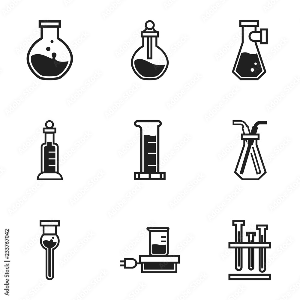 Poster glass chemical flask icon set. simple set of 9 glass chemical flask vector icons for web design isol