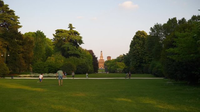 sunset time milan city park meadow slow motion fort panorama 4k italy
