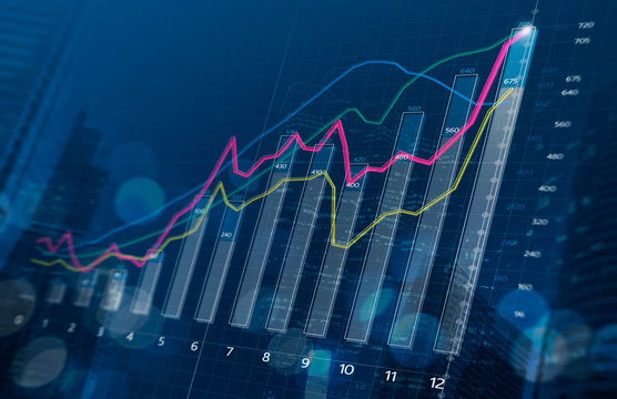 Business growth, progress or success concept. Financial bar chart and growing graphs with depth of field on dark blue background.