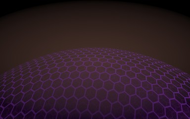 Fototapeta premium Multilayer sphere of honeycombs, purple on a dark background, social network, computer network, technology, global network. 3D illustration