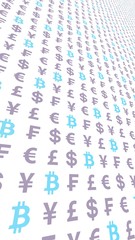 Bitcoin and currency on a white background. Digital Cryptocurrency symbol. Business concept. Market Display. 3D illustration