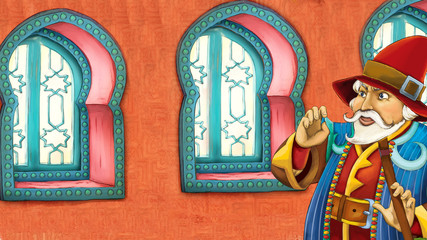cartoon scene with medieval arabic room with prince or king - far east ornaments - the stage for different usage - illustration for children