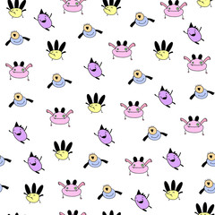 Hand drawn cute monsters. Vector seamless pattern
