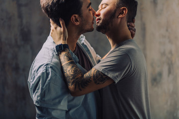 Caucasian gay couple kissing revealing a moments of sexual life, close up, isolated studio shot...