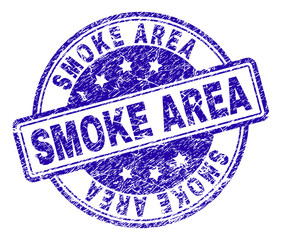 SMOKE AREA stamp seal watermark with grunge texture. Designed with rounded rectangles and circles. Blue vector rubber print of SMOKE AREA tag with retro texture.