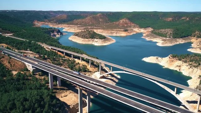 Aerial view of Viaducto de Contreras, expressway bridge in Spain