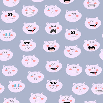 Doodle cat faces with various emotions. Vector seamless pattern. Grey background