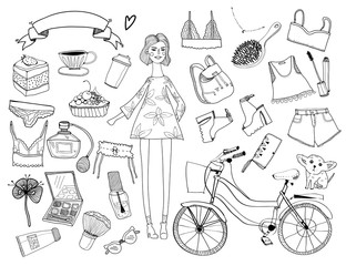 Hand drawn stylish girl and various stuff. Graphic vector set. All elements are isolated