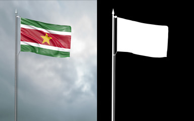 3d illustration of the state flag of the Republic of Suriname moving in the wind at the flagpole in front of a cloudy sky with its alpha channel