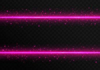 Bright pink laser stripes with colorful sparkles on a transparent background. Christmas vector illustration