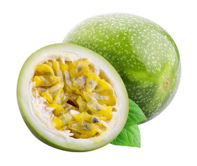 Green passion fruit, maracuya isolated on white background with shadow