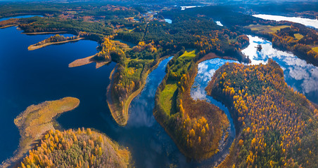 Aerial panoramic view of fog at Autumn, Lithuania - obrazy, fototapety, plakaty
