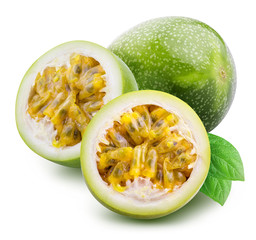 Green passion fruit, maracuya isolated on white background with shadow