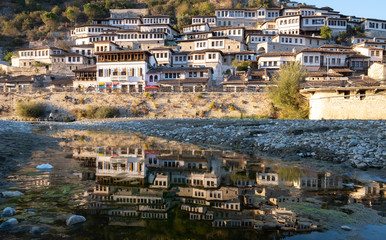Obraz premium Views of Berat Albania, the city of thousand windows a Unesco world heritage site reflecting in Osum river