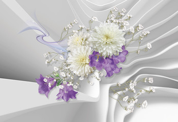 3d abstract background, chrysanthemums and bell-flowers. 3d rendering. Celebration 3d background.
