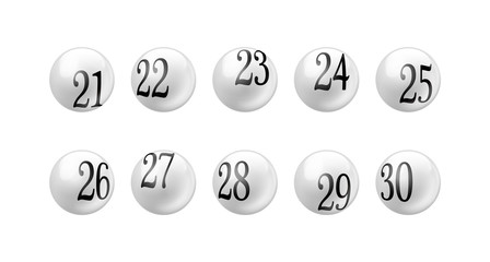 Vector Bingo Lottery Number Balls 21 to 30 Set Isolated on White Background.
