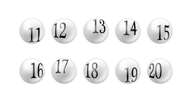 Vector Bingo Lottery Number Balls 11 to 20 Set Isolated on White Background.