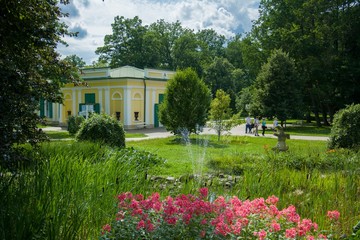 Colonnade of mineral water springs in summer - Frantiskovy Lazne (Franzensbad) - great Bohemian spa town is situated north of historical city Cheb in the west part of the Czech Republic
