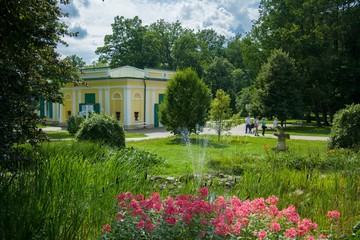Colonnade of mineral water springs in summer - Frantiskovy Lazne (Franzensbad) - great Bohemian spa...