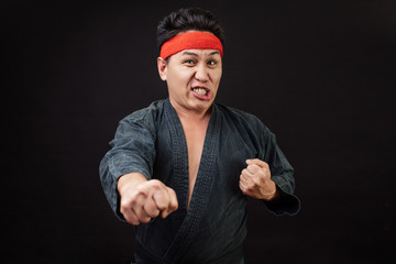 first day of training karate. difficulties of learning martial art. scared man learning...