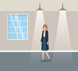 corridor building with businesswoman walking