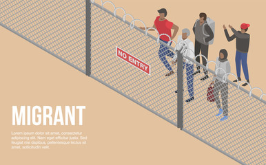 Migrant people at border country concept background. Isometric illustration of migrant people at border country vector concept background for web design