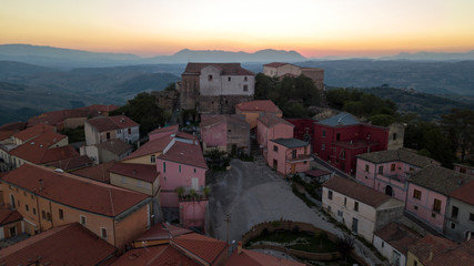 Aerial view at sunset of the small town of Montecalvo Irpino, in the province of Avellino, in...