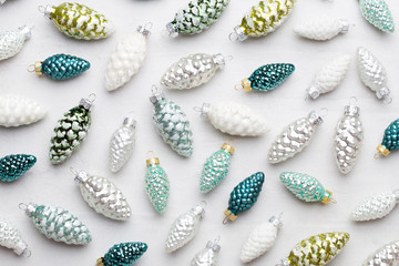 Christmas composition. Gifts, cones decorations on white background. Christmas, winter, new year concept. Flat lay, top view, copy space..  Flat lay. Top view.