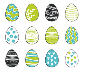 Happy Easter greeting templates card colors blue and green with hand drawn modern eggs. Vector illustration. 
