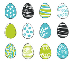 Happy Easter greeting templates card colors blue and green with hand drawn modern eggs. Vector illustration. 