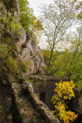 Fototapeta na wymiar Autumn colours on display in the Carso karst limestone area of Friuli, near Doberdo in north east Italy. 