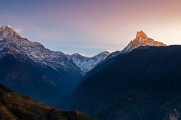 Sunrise over Annapurna Himalaya Range viewed from Ghandruk Village