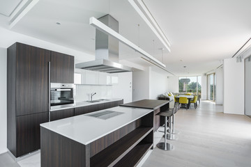 Interior of light spacious kitchen with large panoramic windows in a luxury villa