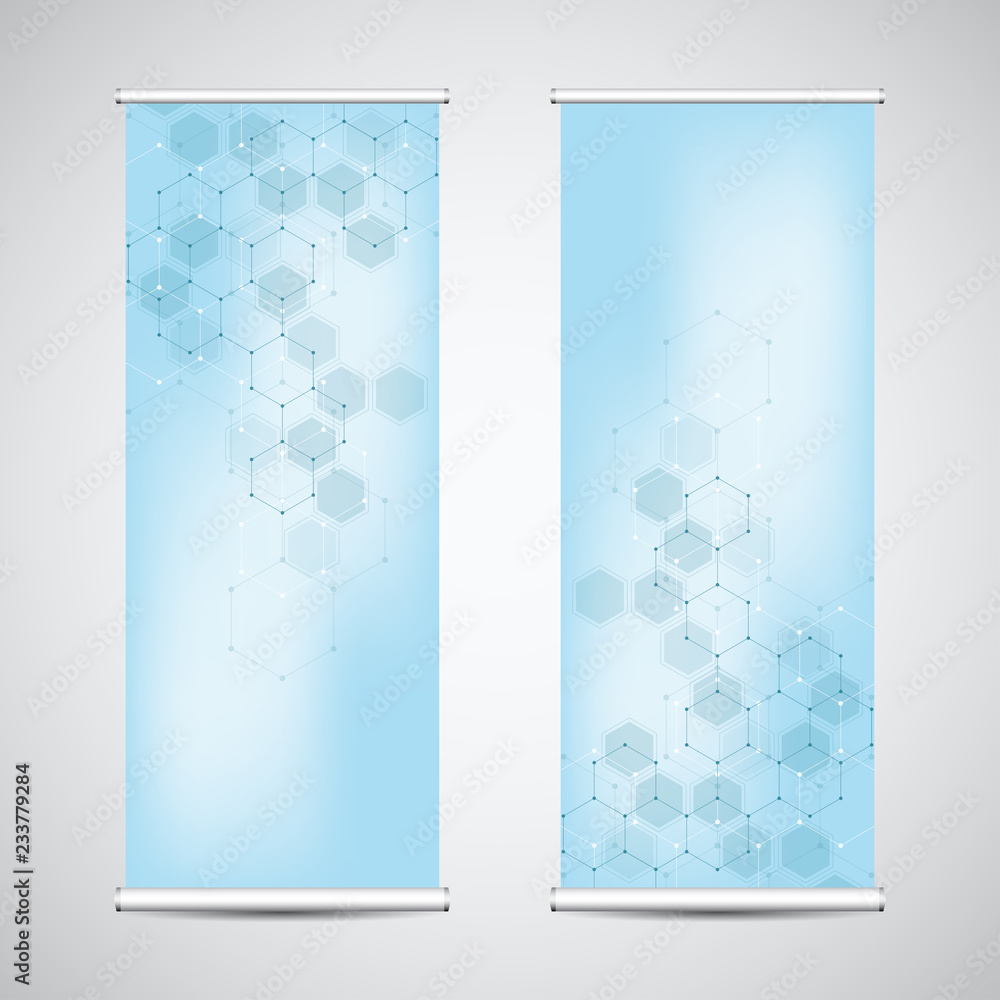 Wall mural roll up banner stands with abstract geometric background of hexagons pattern. hi-tech digital backgr