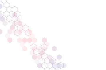 Geometric background texture with molecular structures and chemical compounds. Abstract background of hexagons pattern. Vector illustration for medical or scientific and technological modern design.