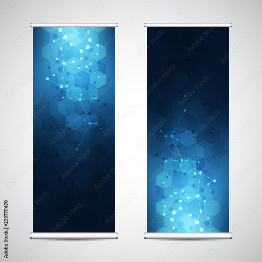 Poster roll up banner stands with abstract geometric background of molecular structure and genetic engineer