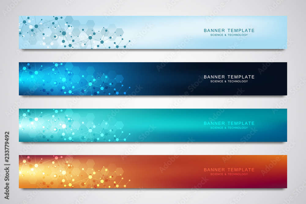Aufkleber Vector banners and headers for site with molecules background and neural network. Genetic engineering or laboratory research. Abstract geometric texture for medical, science and technology design.