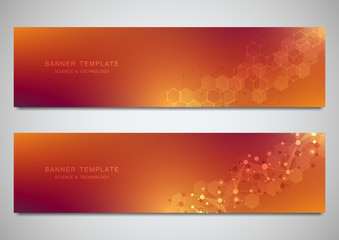 Naklejka na ściany i meble Vector banners and headers for site with molecules background and neural network. Genetic engineering or laboratory research. Abstract geometric texture for medical, science and technology design.