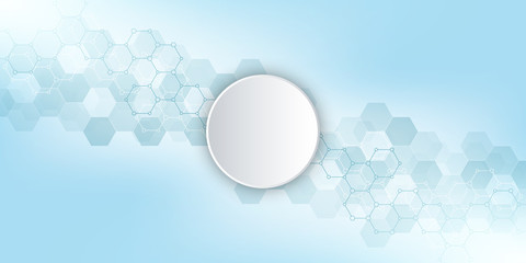 Geometric background texture with molecular structures and chemical compounds. Abstract background of hexagons pattern. Vector illustration for medical or scientific and technological modern design.