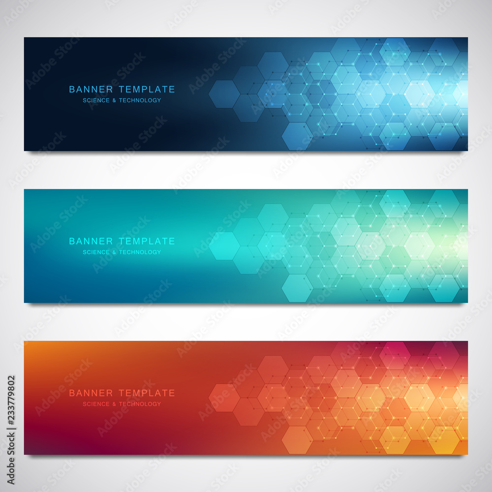 Wall mural set of vector banners and headers for site with medical background and hexagons pattern. abstract ge