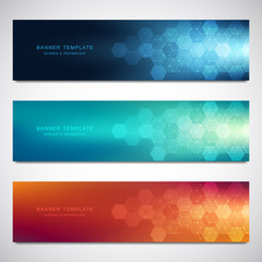 Set of vector banners and headers for site with medical background and hexagons pattern. Abstract geometric texture. Modern design for decoration website and other ideas.