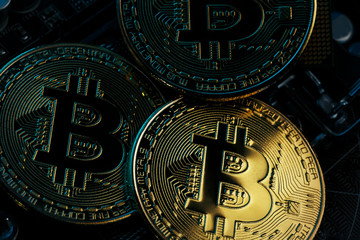 Golden Bitcoin Cryptocurrency on computer circuit board CPU. Macro shot.