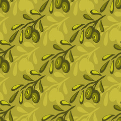 Olives seamless pattern. Modern green wallpaper. Textile olive print. Interior decor and kitchen pattern design.