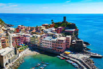 Vernazza, Cinque Terre, Italy, Ligurian cost of Italy. Stunning view of one of five villages of Cinque Terre, italian Liguria, Europe. Picturesque landscape of ancient coastal city