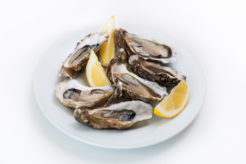 Fresh oyster. Raw fresh oyster on white round plate, image isolated, with soft focus. Restaurant delicacy. Saltwater oyster, soft focus
