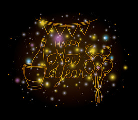happy new year lettering with lights and icons